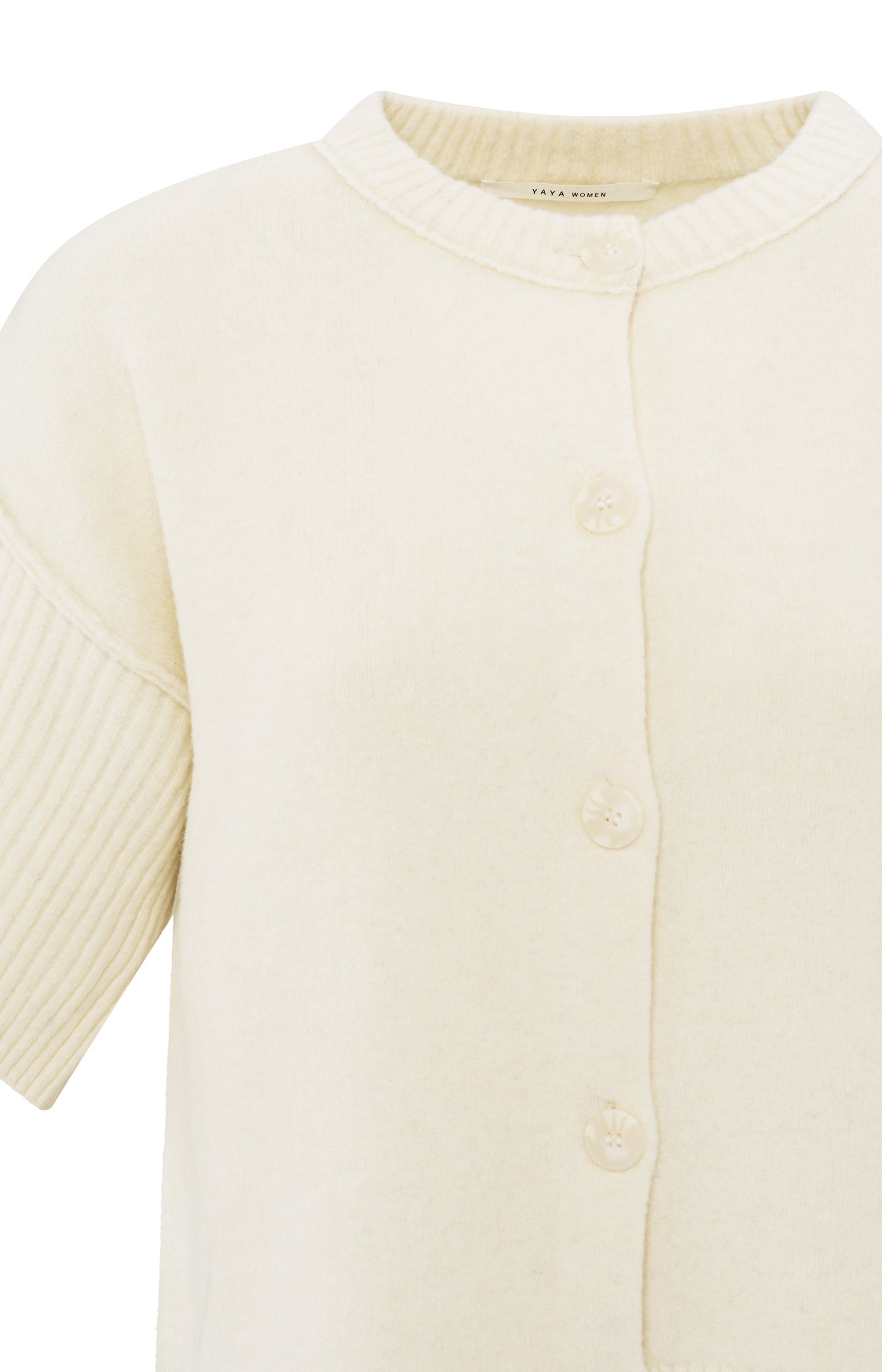 Cream-colored cardigan with short wide sleeves and round nec