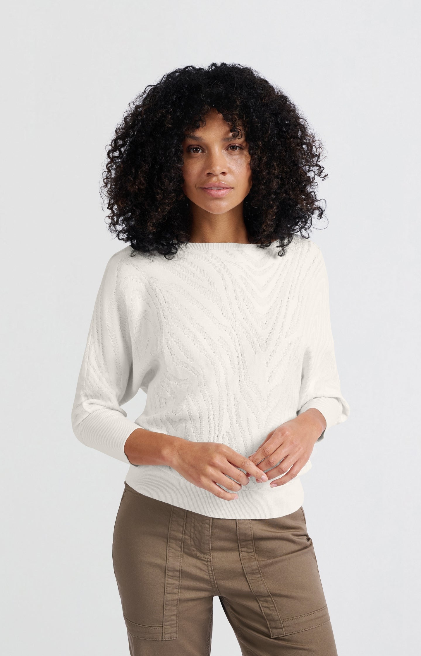 Jacquard sweater with boatneck and three-quarter sleeves