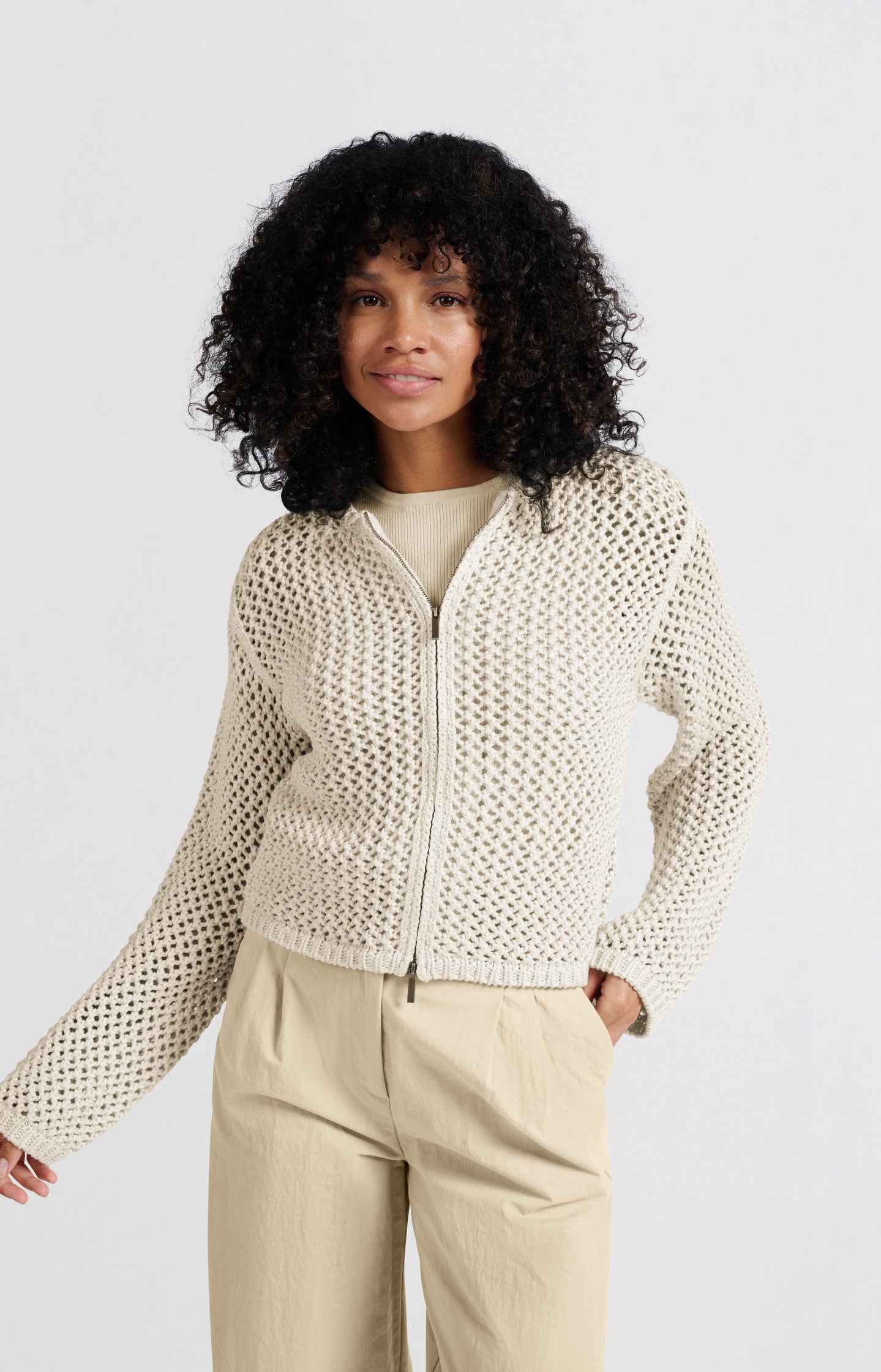 Mesh stitch cardigan with zipper and regular fit