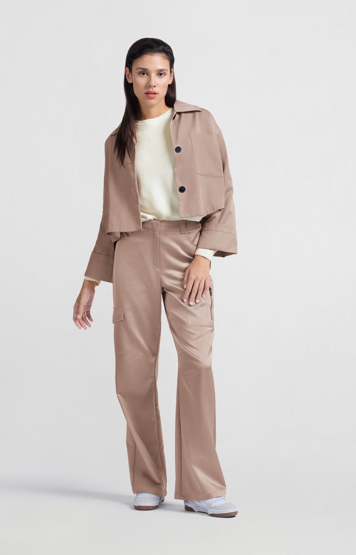 Satin cargo trousers with wide legs and pocket details