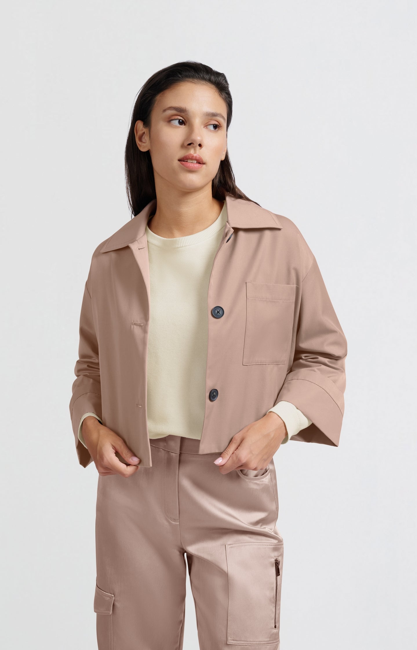 Short oversized jacket in heavy satin with buttons