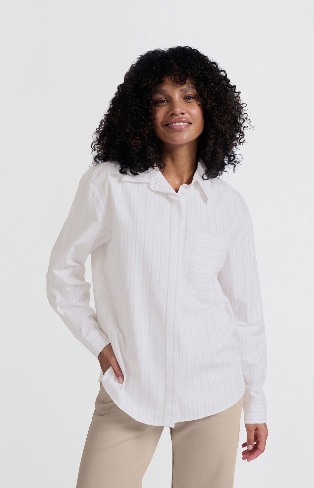 Striped blouse with chest pocket and cuff tape