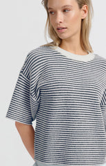 Striped fluffy sweater with short sleeves