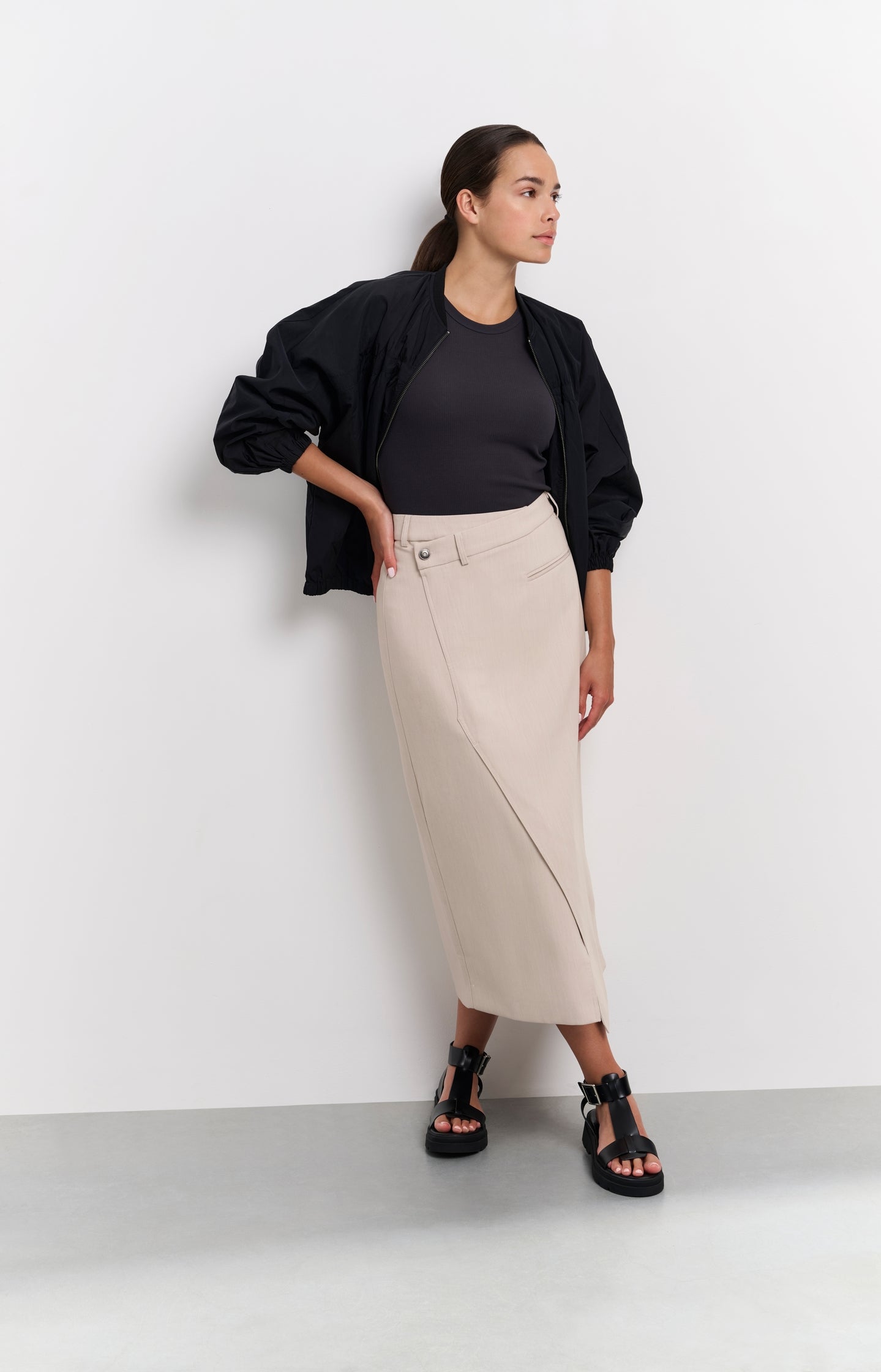 Woven melange midi skirt with slit