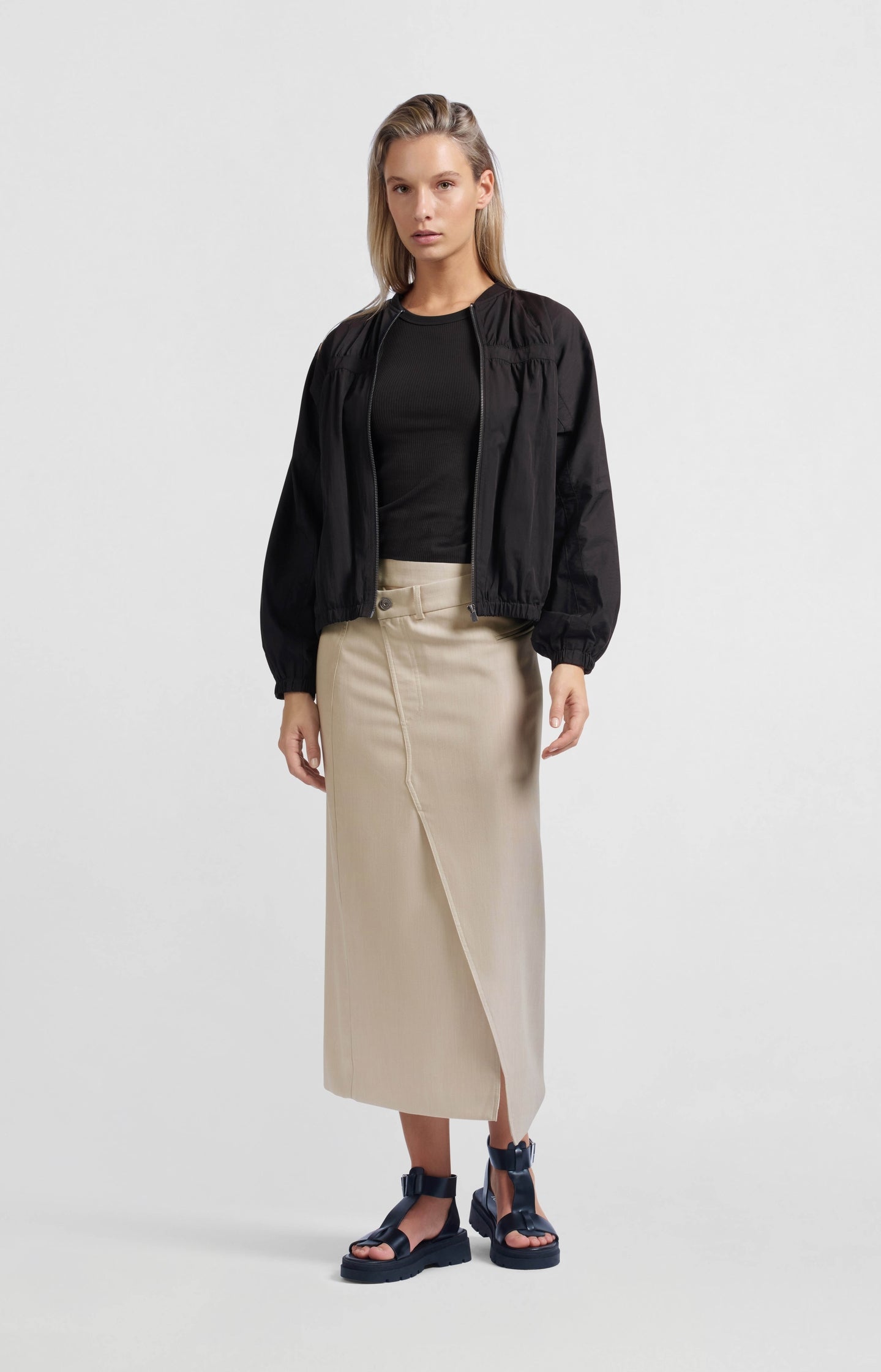 Woven melange midi skirt with slit